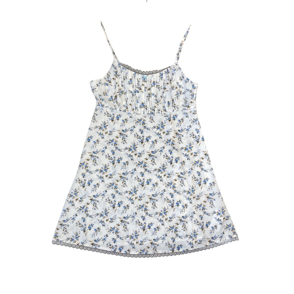 Daisy Street Blue Floral Lace Trim Mini Slip Dress White US M UK 10 Ruched Bust